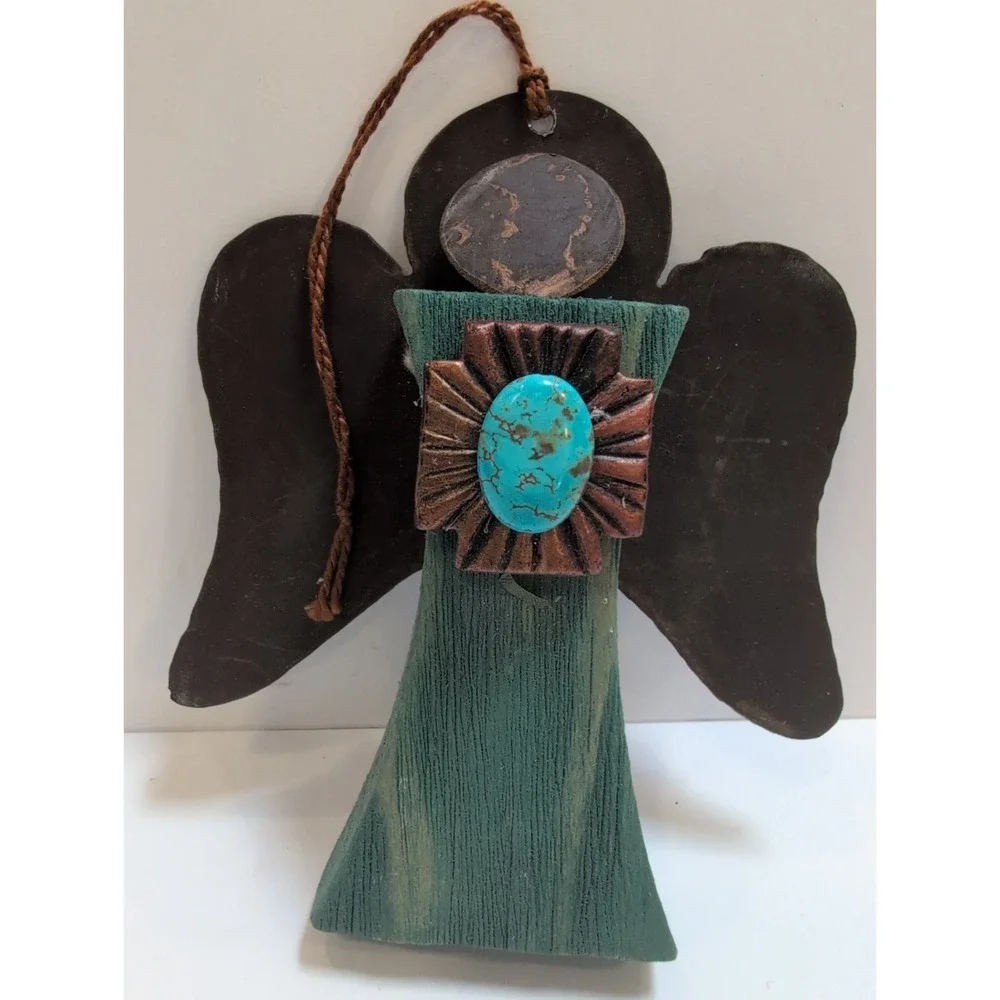 Wood & Metal Rustic Southwest Wood Angel Ornament with Turquoise Colored Stone